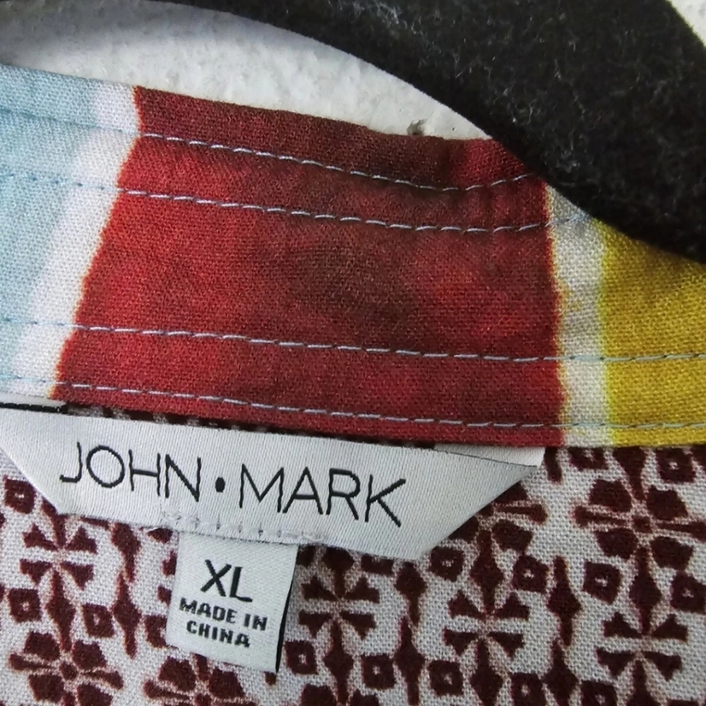 $120 John Mark Shirt Women XL Mixed Print Collared Cinched 3/4 Tie Sleeve Boho - Picture 12 of 14